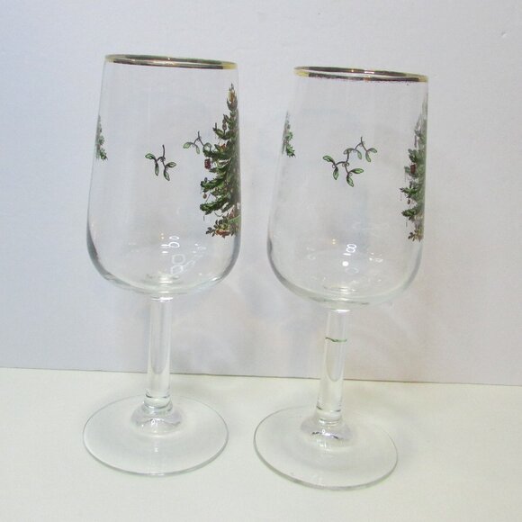 pair of Spode Christmas tree wine glasses made in France barware - Picture 5 of 7
